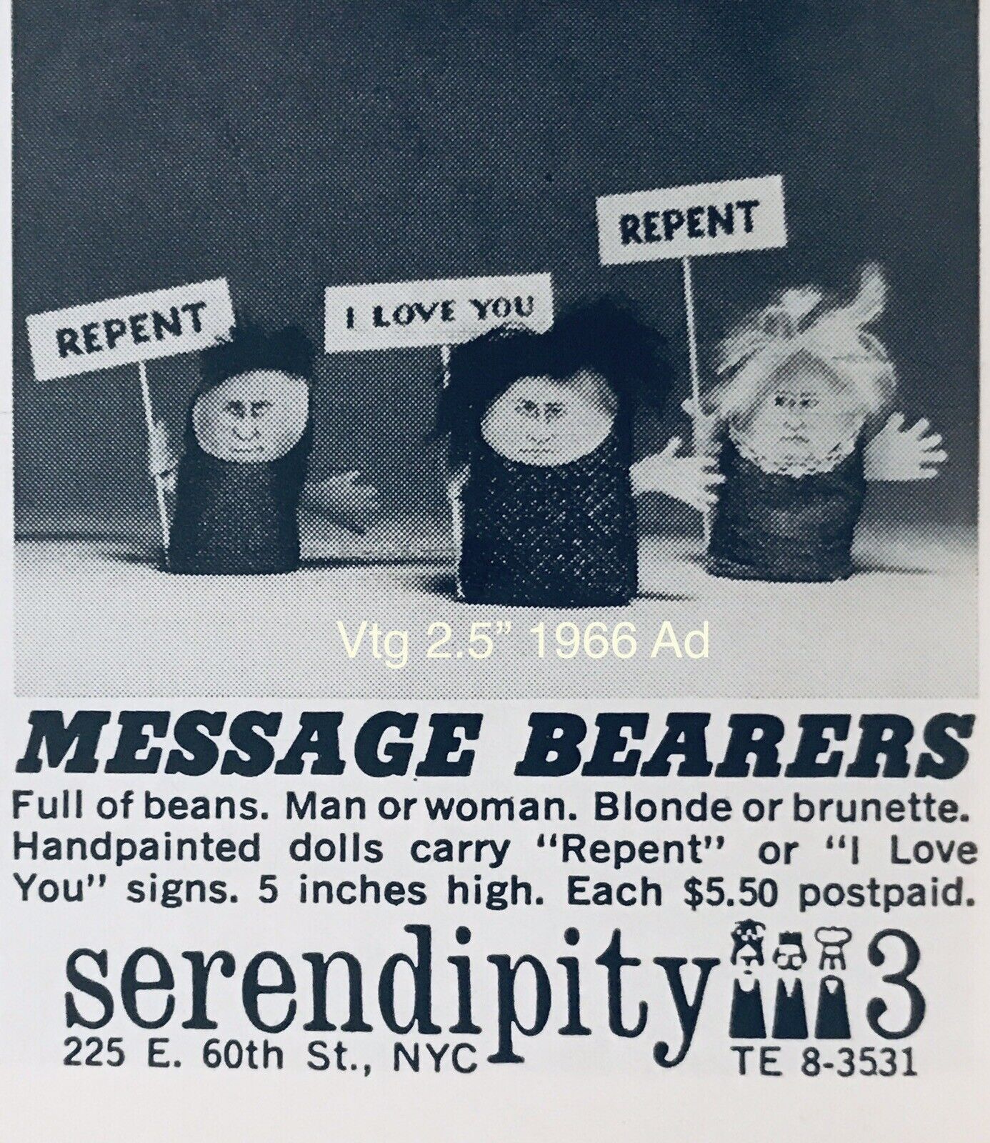 2.5” AD 1967 Serendipity 3 Gift Shop NYC Repent Dolls Restaurant Shop