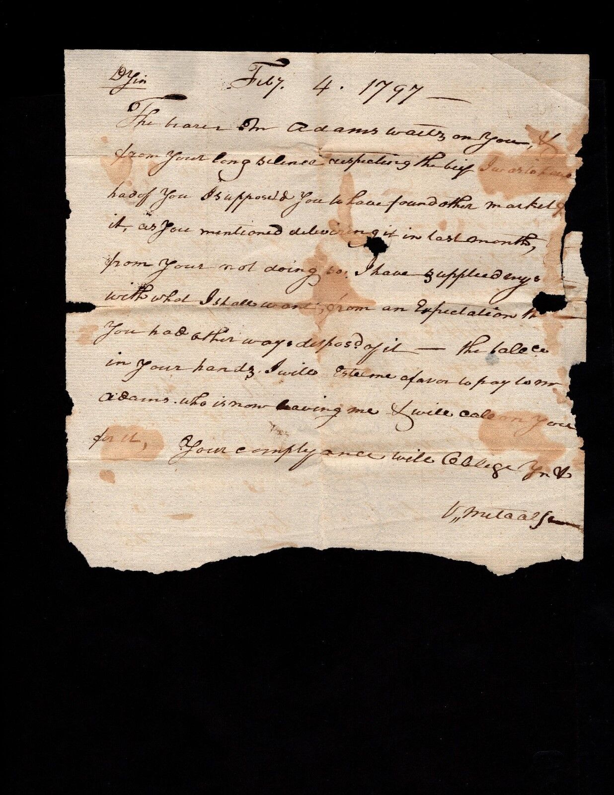 1797 Handcarried Letter V. Metcalfe to William Watts in Campbell County Virginia