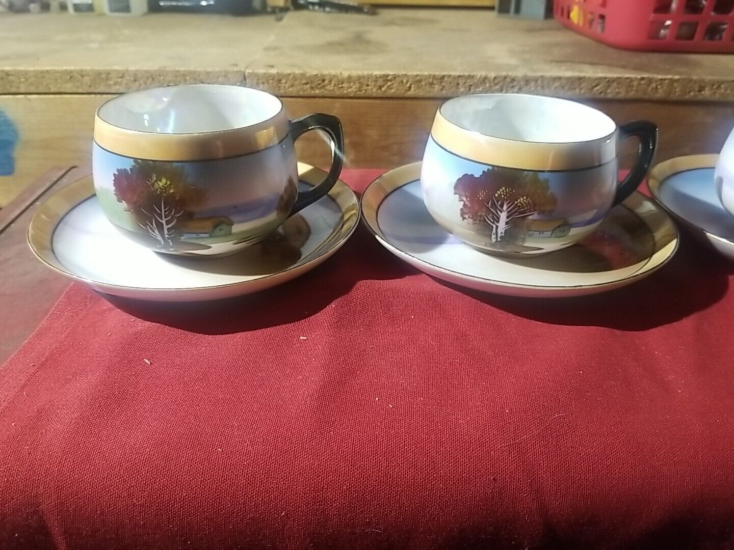 Antique Hand Painted  Chikaramachi 4 Teacup and 4 Saucer Set Japanese Lusterware