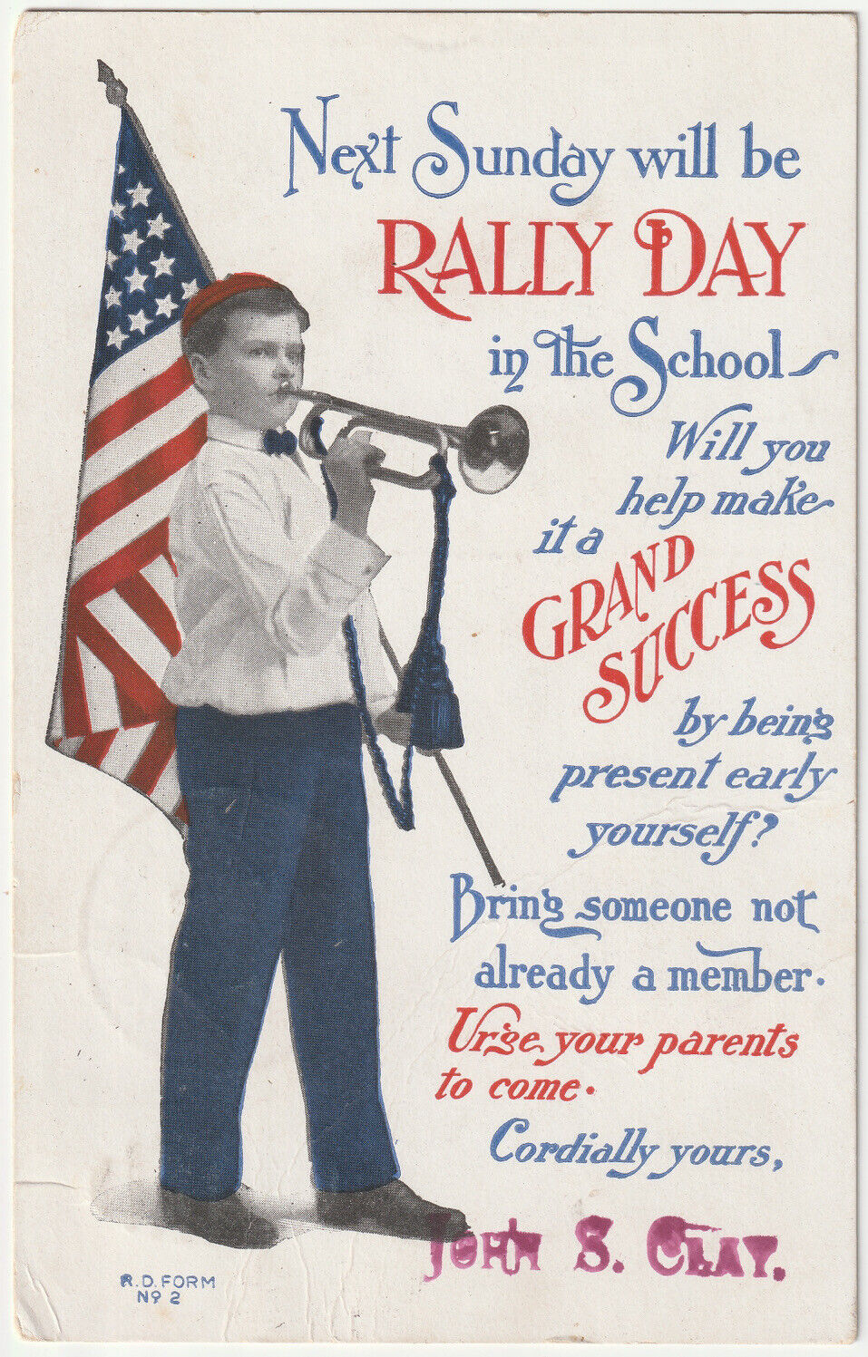 c1907~Rally Day In School~John S. Clay~Patriotic Bugle Boy~VTG Postcard