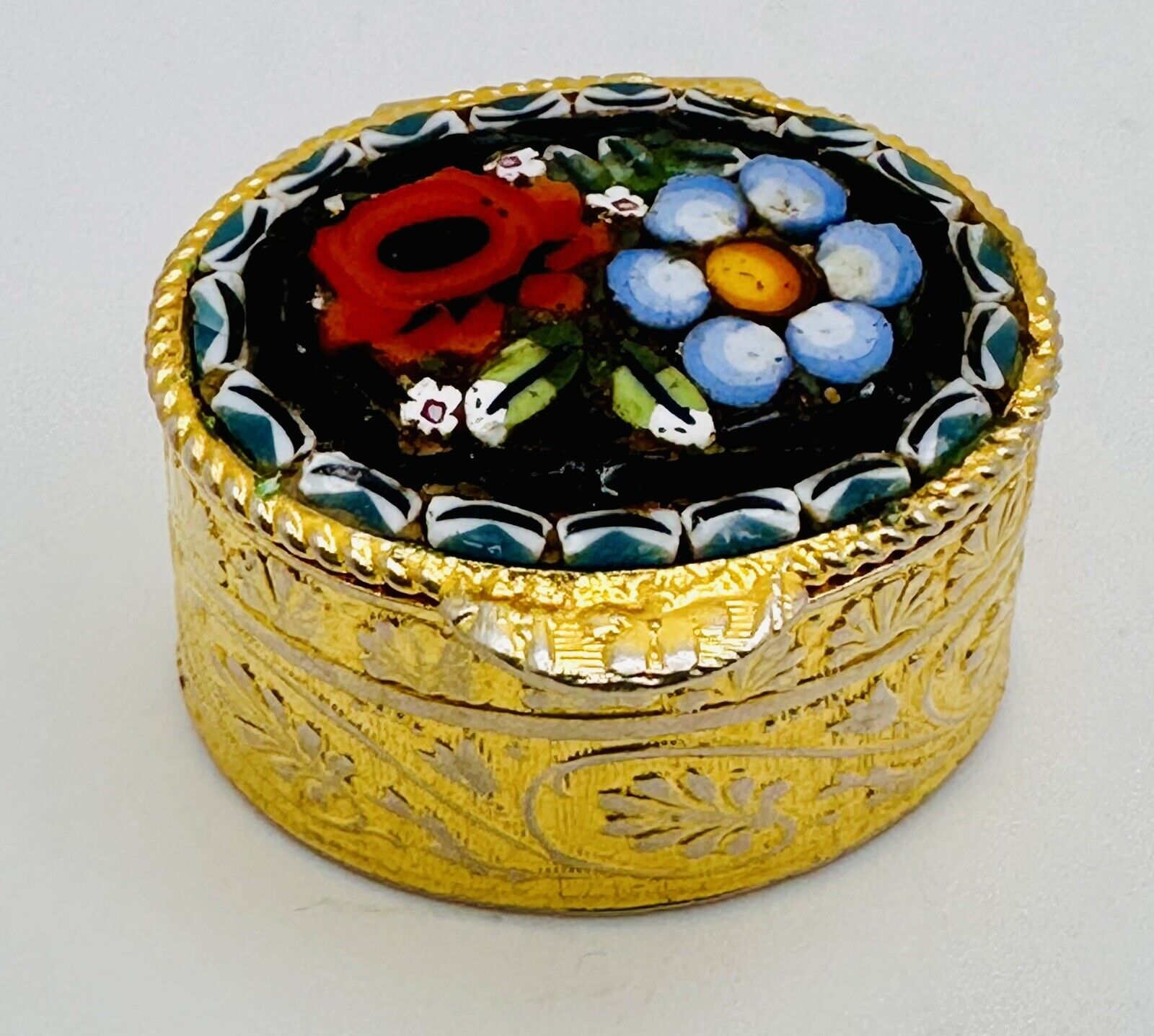 Vintage Italian Micro Mosaic Trinket Oval Pill Box Rose Floral Flowers