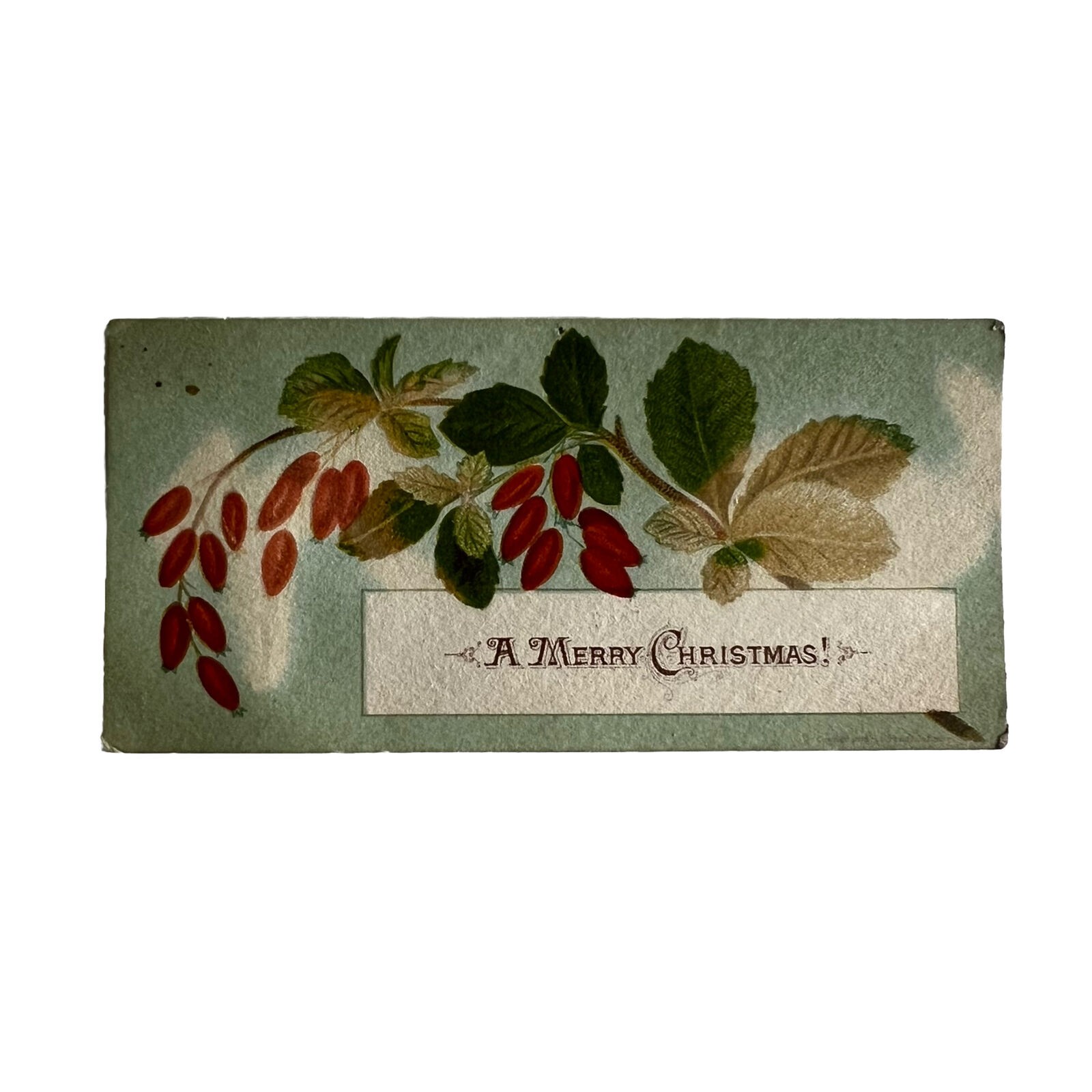 Victorian Era Card A Merry Christmas Red Flowers Green Leaves