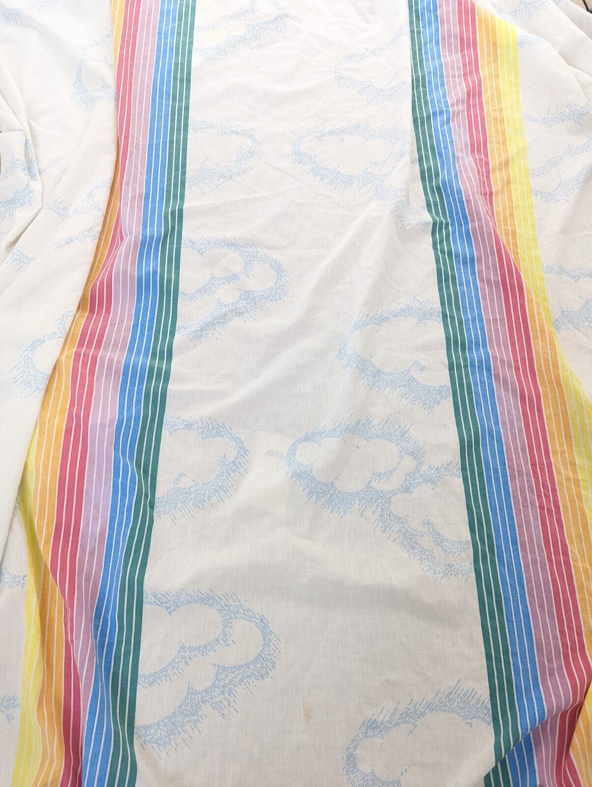 3pc Vintage 1970s Pacific Rainbow  Clouds Flat Queen Sheet 2 Pillowcases Fabric