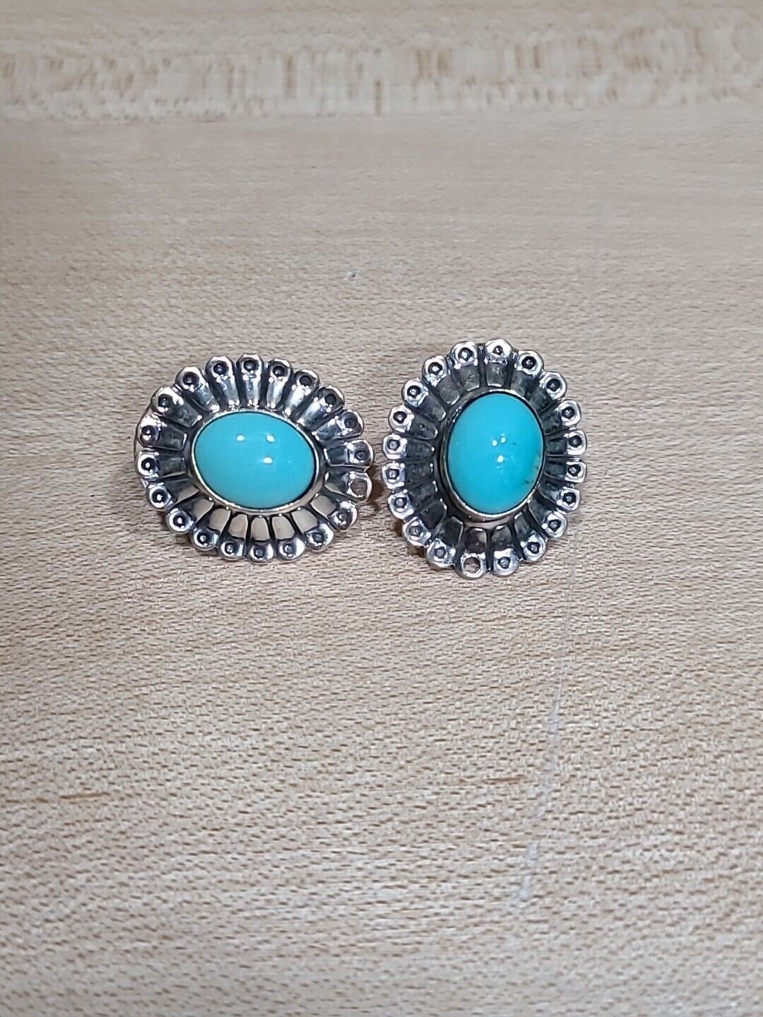 NAVAJO QT STERLING SILVER TURQUOISE EARRINGS Feather Flower Native American VTG 