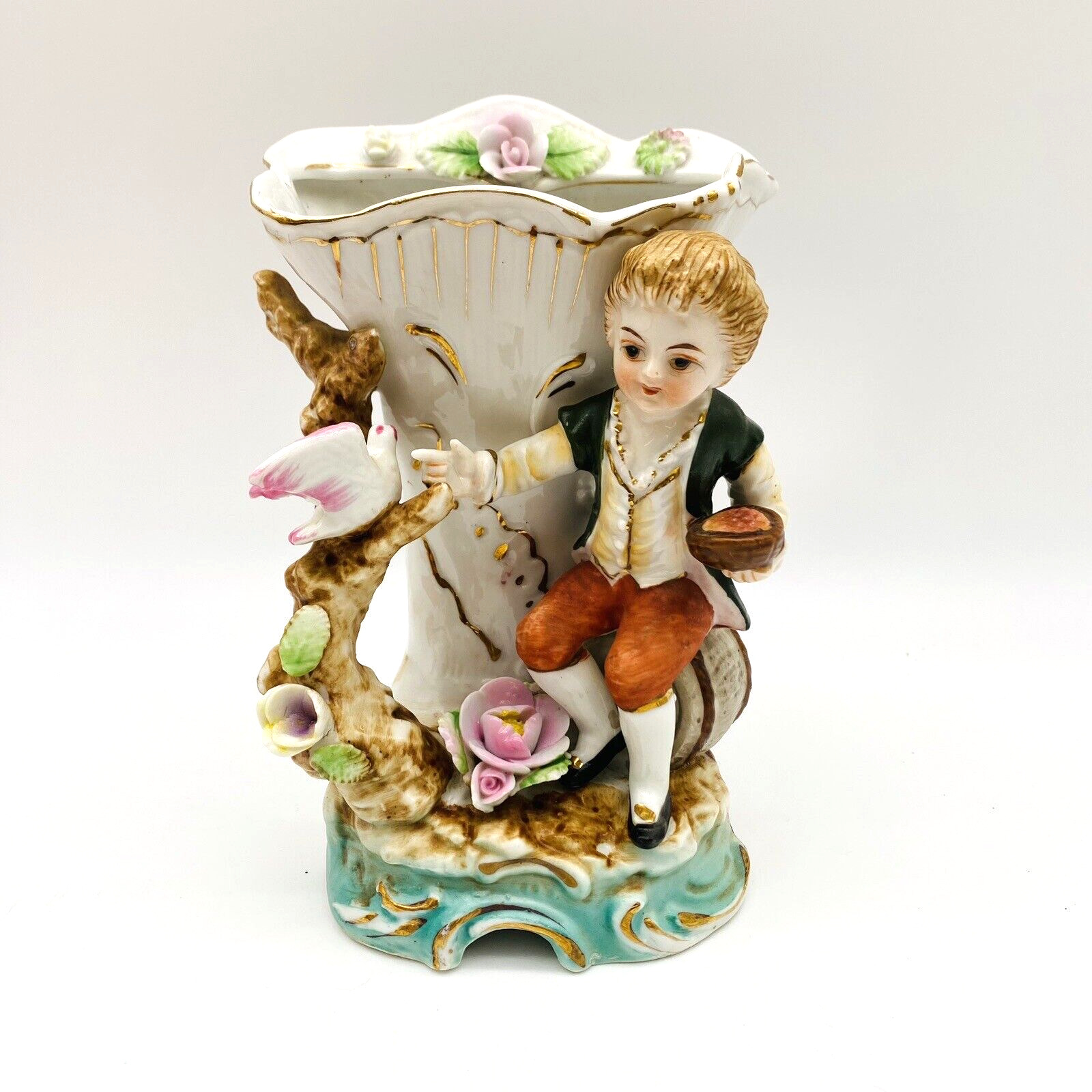 Vintage Camille Naudot Boy With Food Feeding Bird Porcelain Planter Vase