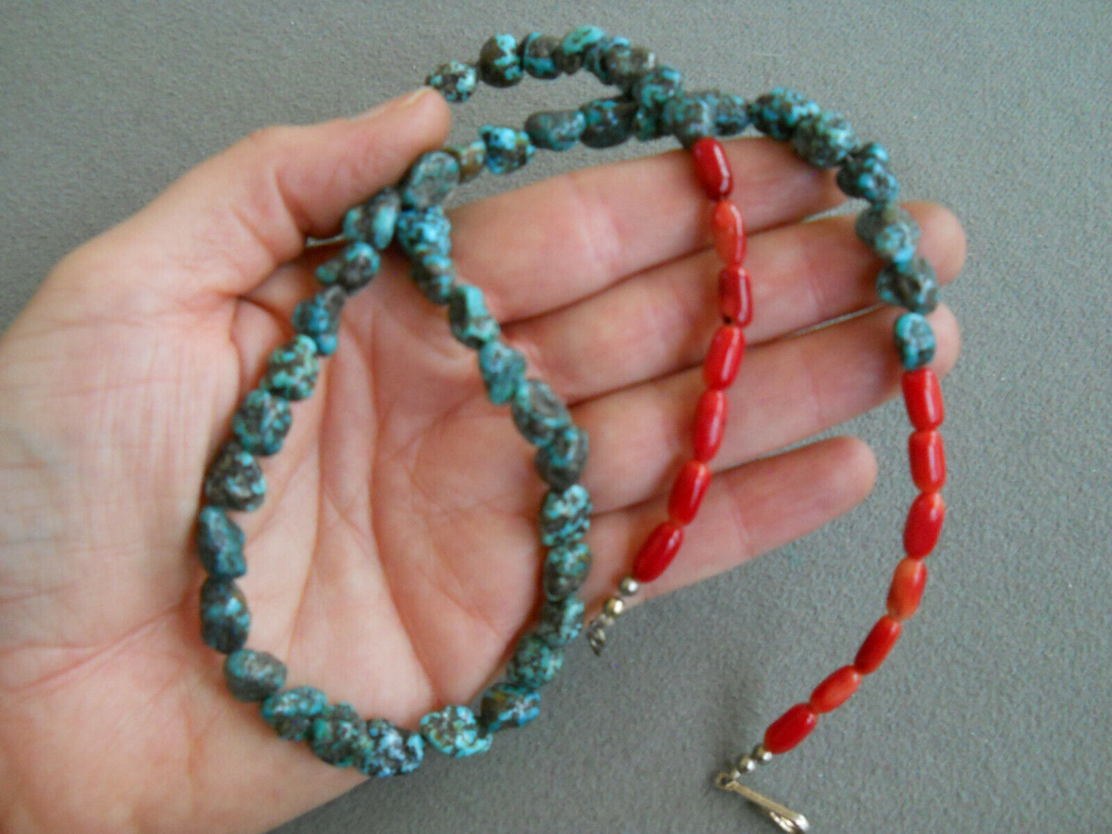 Southwestern Native American Santo Domingo Turquoise Nugget Coral Bead Necklace