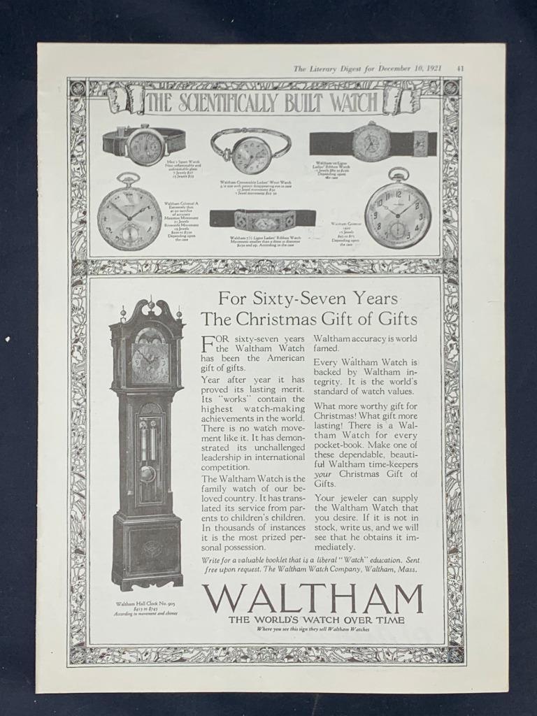 Magazine Ad - 1921 - Waltham Clocks and Watches