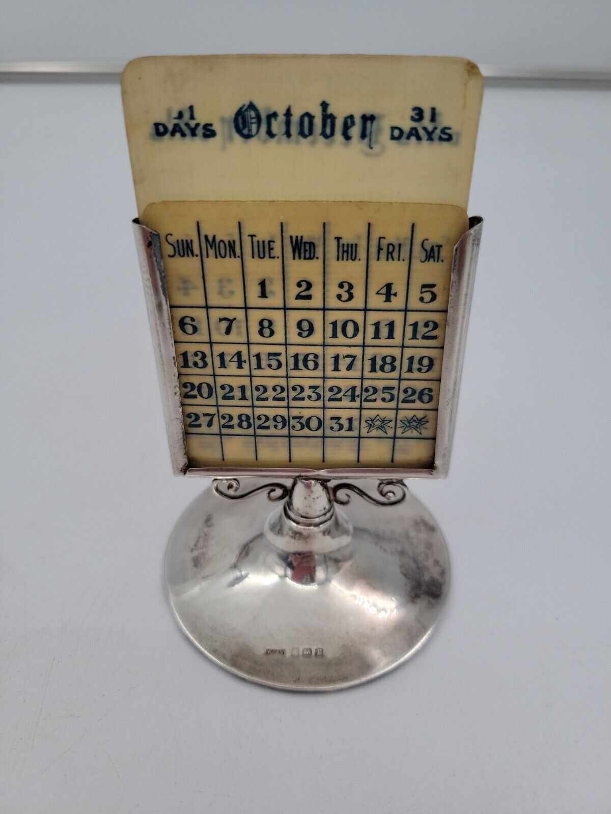 Antique Art Deco perpetual calendar sterling silver. Chester, 1915.