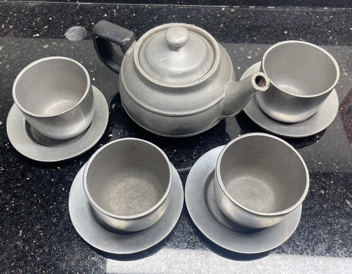 Vtg Wilton Armetale RWP Pewter Plough Tavern Small Teapot & 4 Teacups Saucer
