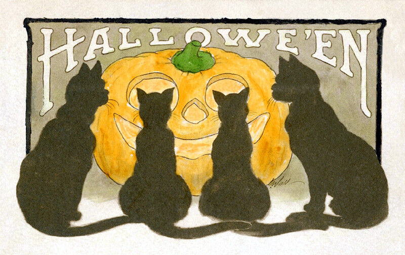 Vintage Postcard REPRODUCTION 1912 Halloween Pumpkin Black Cats NEW