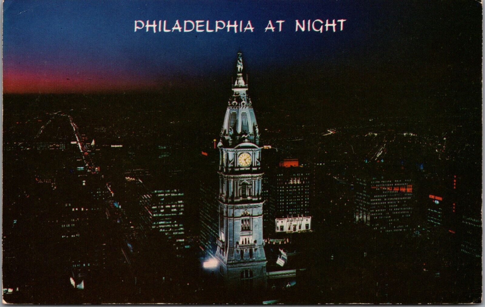 Postcard Philadelphia PA Night City Hall Clock Tower William Penn Statue 1976
