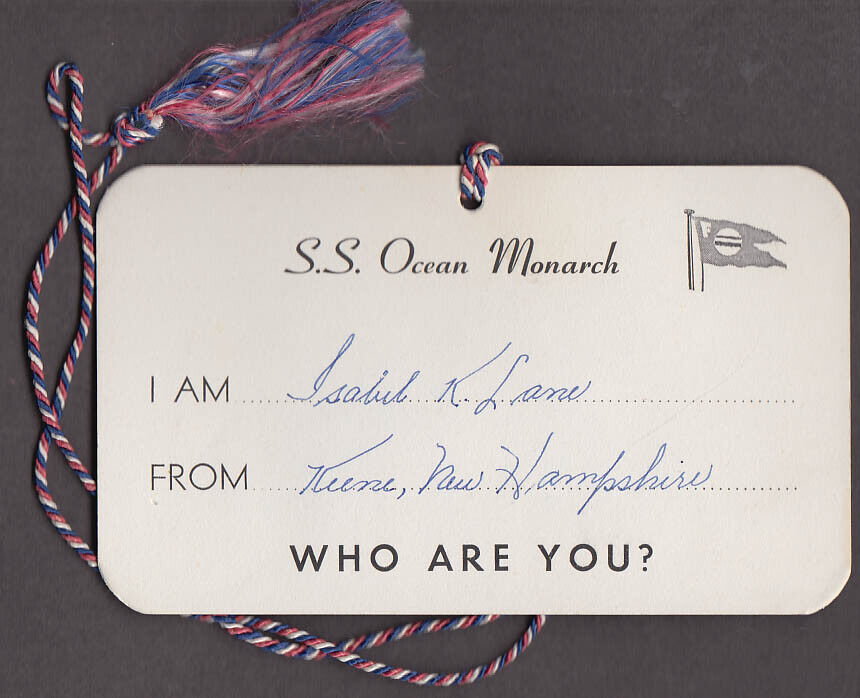 Furness Withy Line S S Ocean Monarch Who Are You? name tag 1957