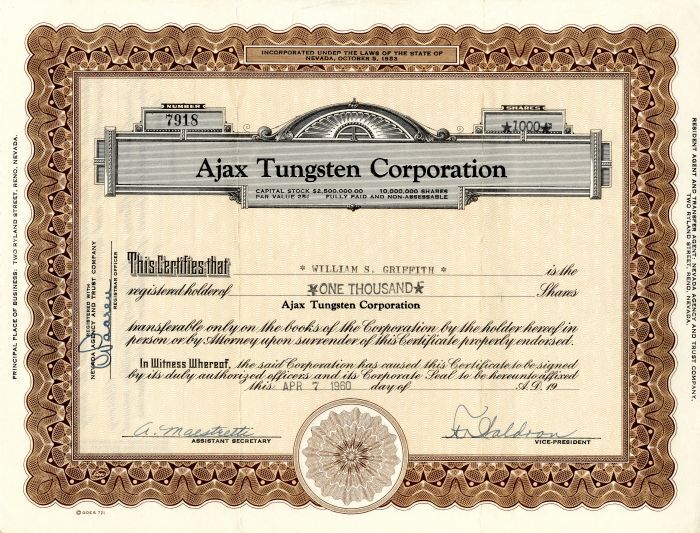 Ajax Tungsten Corporation - Chemical Element Stock Certificate - Mining Stocks
