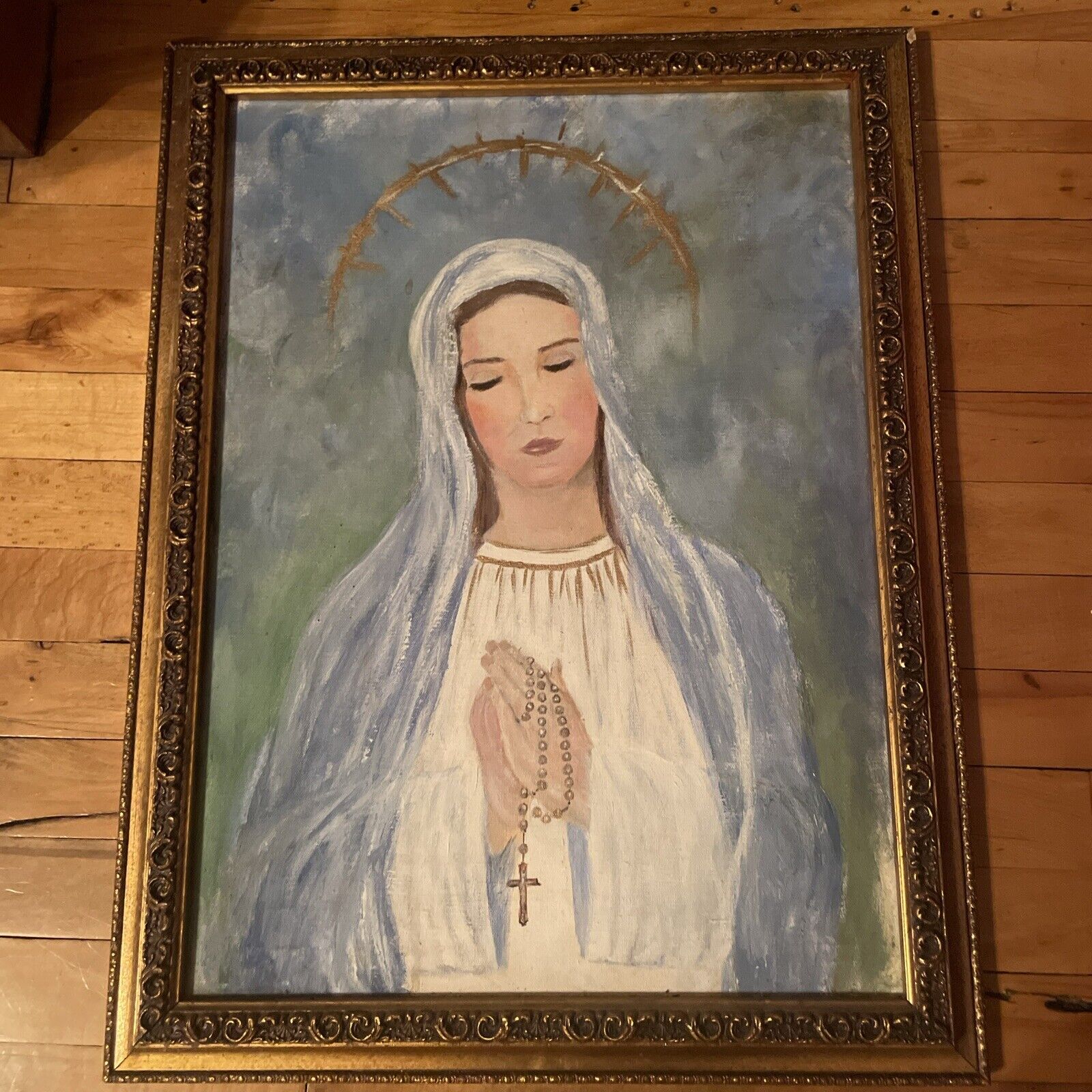 Vintage Immaculate Heart Of Mary Lithograph On Canvas Holding Rosary Beads