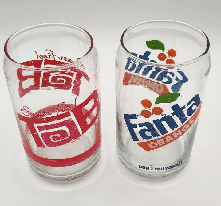 Vintage Glasses Advertising Fanta Tab Soda Drinking Lot of 2 Retro Kitchen 