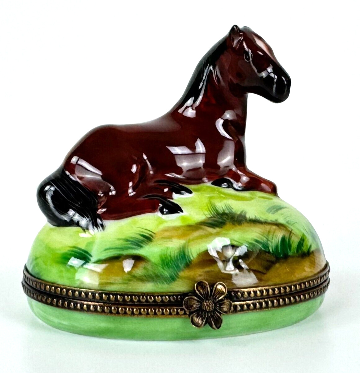Limoges France Stamped New Horse Trinket Box Green Brown Auth 