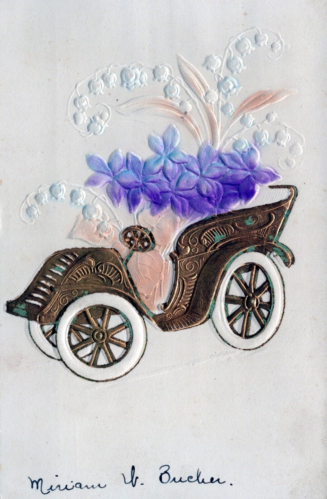 Flowers & Vintage Car Embossed Austria Greetings Postcard