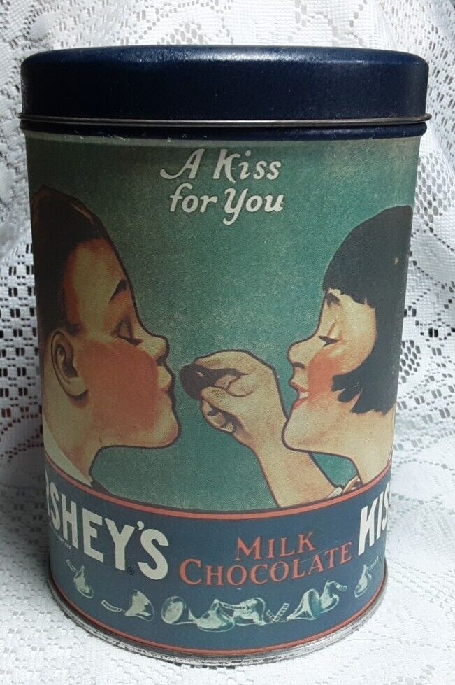 Tin Can Hershey\'s Kisses Milk Chocolate 1980 Canister Container 5.75” Vintage