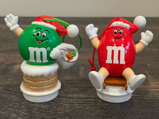M&M CHRISTMAS ORNAMENTS CANDY TOPPERS 1993 RED PEANUT M&M SLED GREEN CHIMNEY M&M