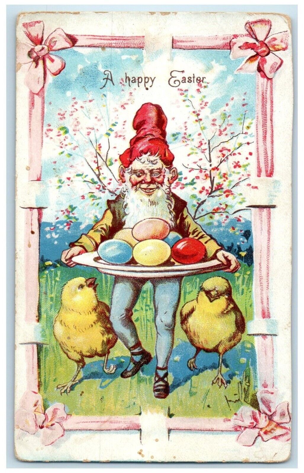 c1910's Easter Elf Gnome With Eggs Chicks Embossed Posted Antique Postcard
