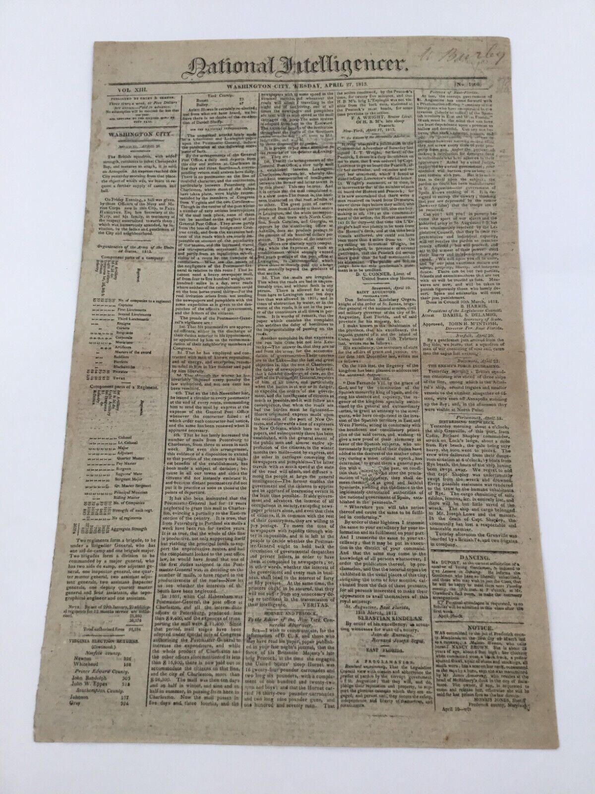 National Intelligencer April 27th 1813 Vintage Newspaper Antique