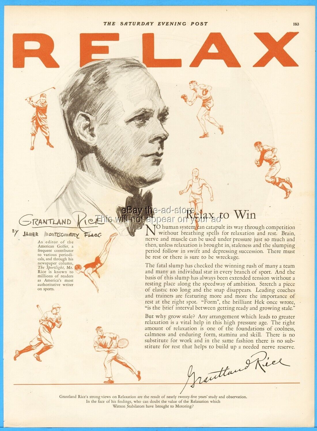 1926 Grantland Rice Sportswriter Relax to Win Golf Tennis Watson Stabilators Ad