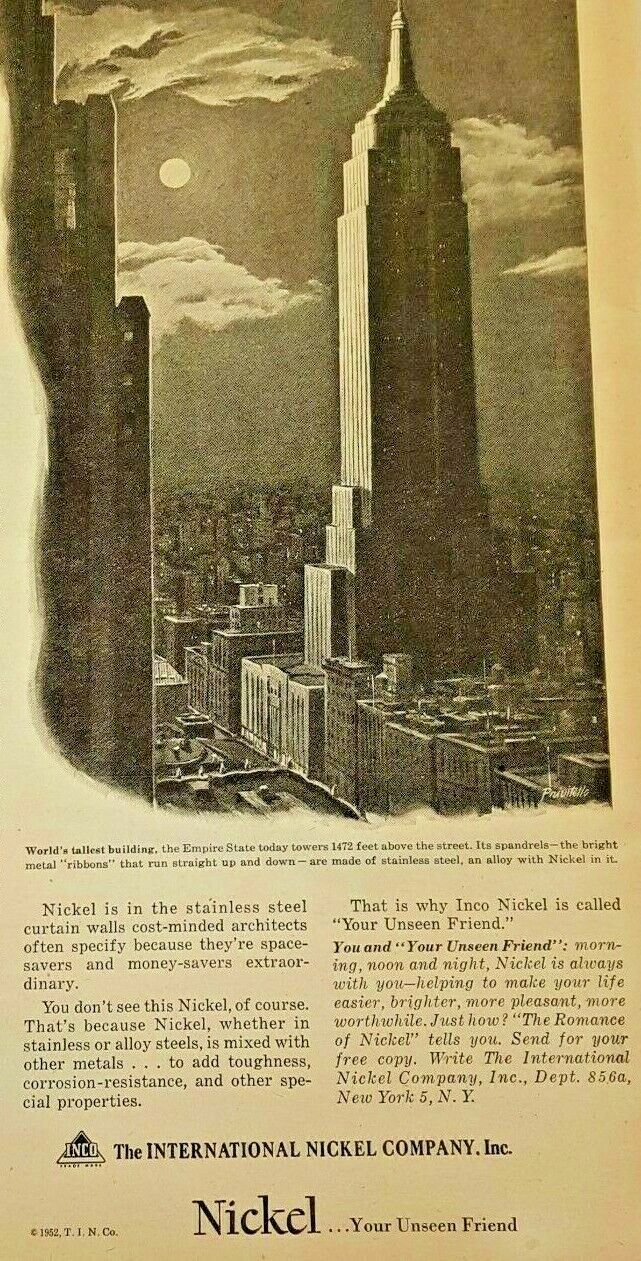 Vintage Ad 1952 Int\'l Nickel Co. Empire State Bldg. Nickel & Stainless Steel