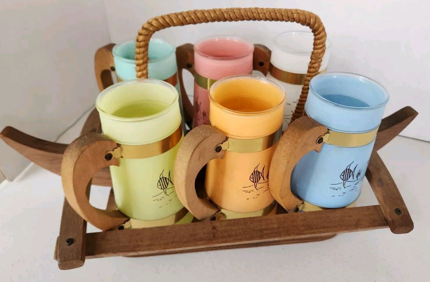 Siesta Ware Multicolor Pastel Hawaii Tiki Mugs With Outrigger Caddy Set Of 6 MCM