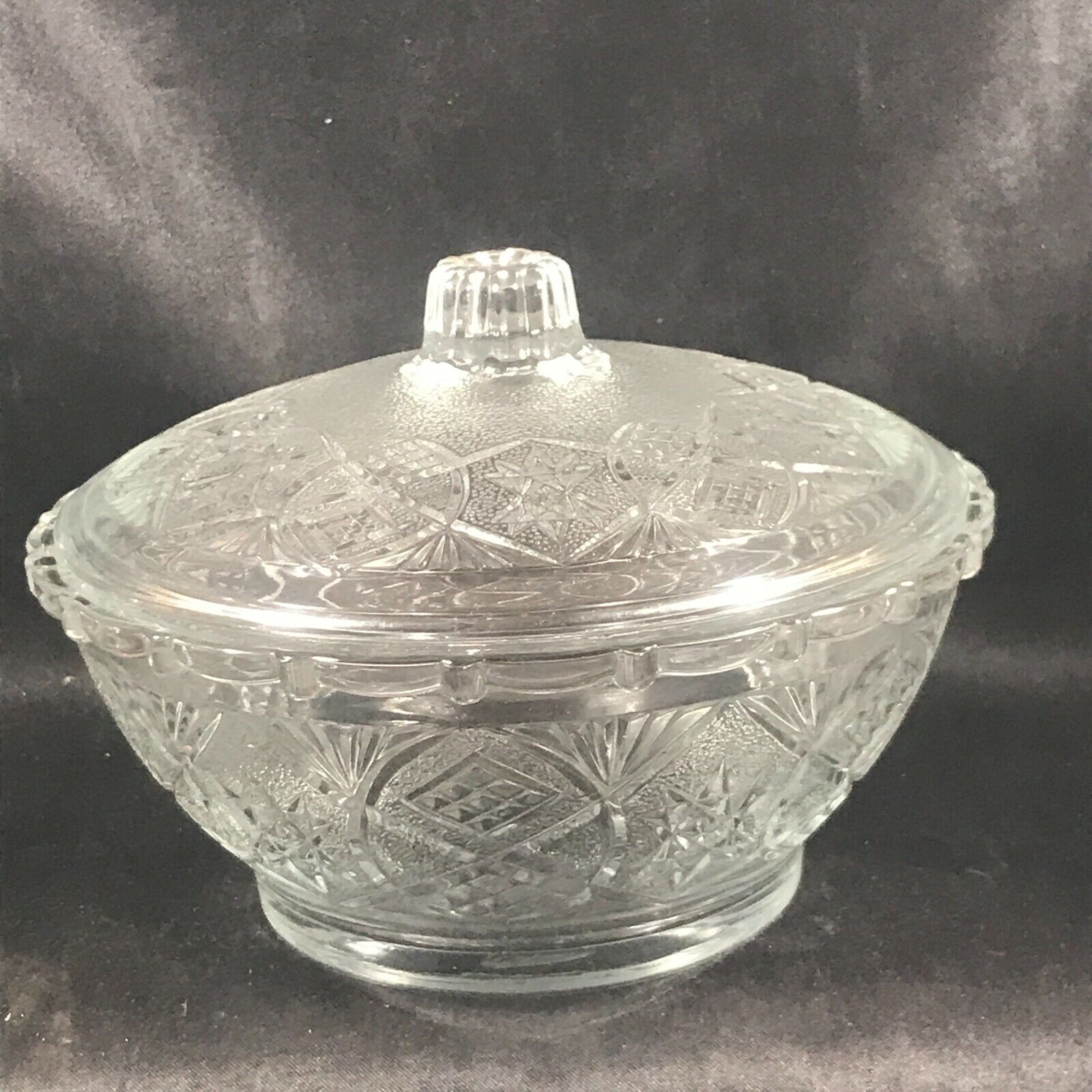 Vintage KIG Clear Glass Stars Arches Covered Candy Dish