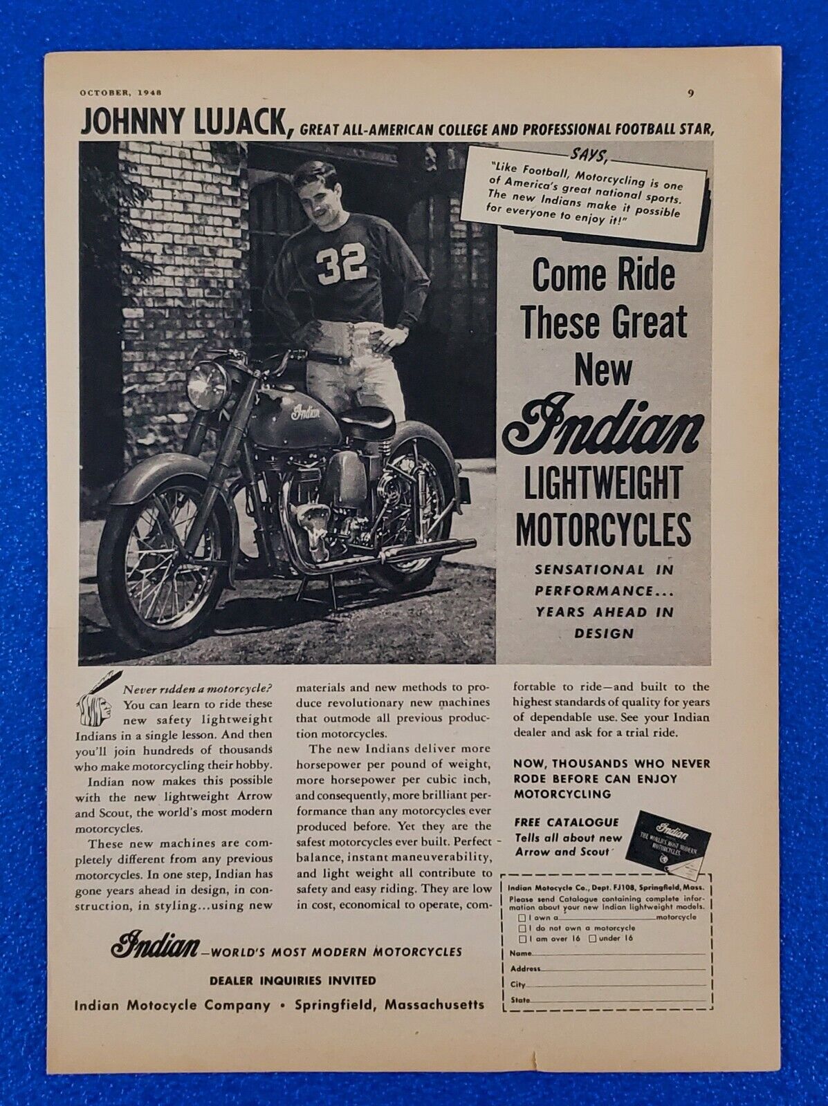 1948 INDIAN LIGHTWEIGHT MOTORCYCLE ORIGINAL PRINT AD W/ JOHNNY LUJACK SHIPS FREE