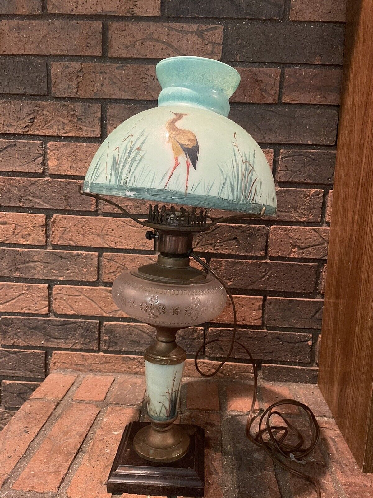 Gorgeous Antique Parlor Lamp Electrified Oil Lamp Hand painted Crane Design
