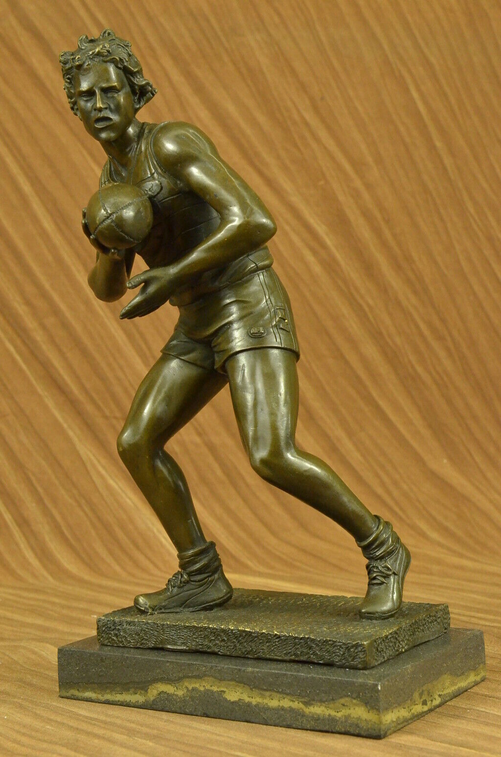 Rugby Player with Ball Bronze Sculpture Statue Figurine Decor Marble Base Figure