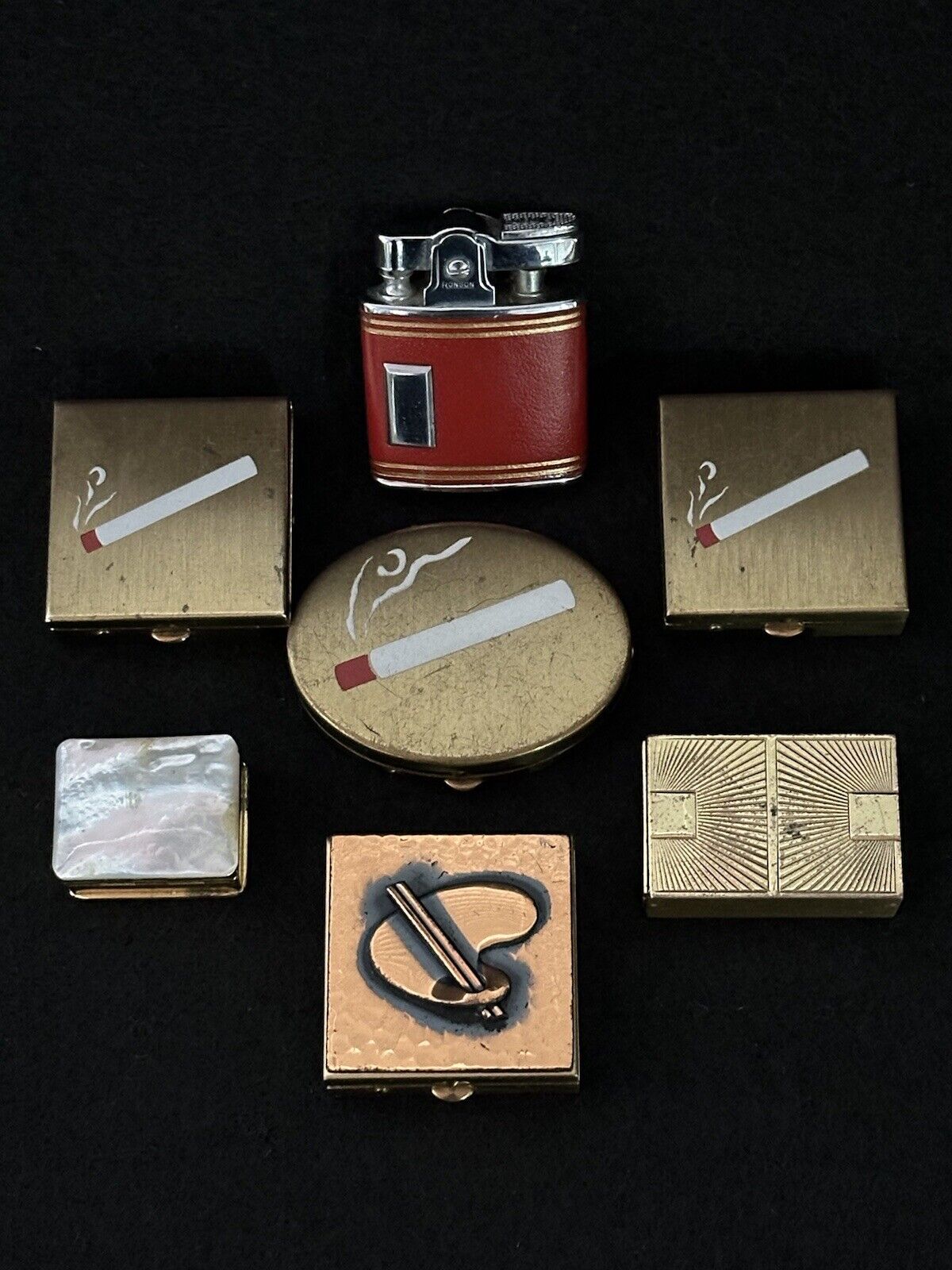 Lighter & Portable Ashtrays (Six)  Ronson “Princess”  Brass  Copper  Mid-Century