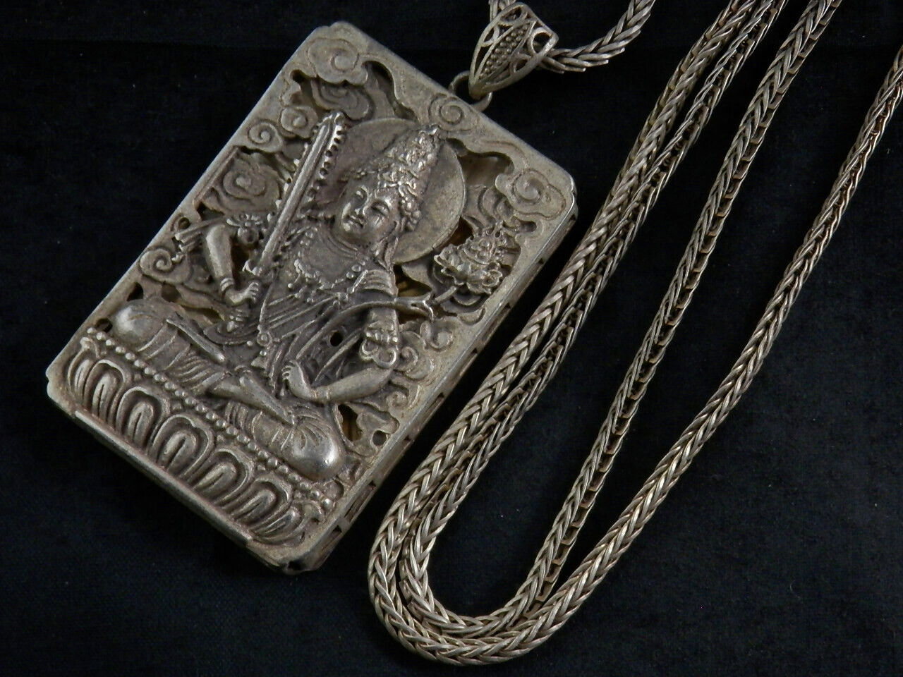 Tibetan Silver Prayer Necklace W/Silver *Manjusri Bodhisattva* Pendant