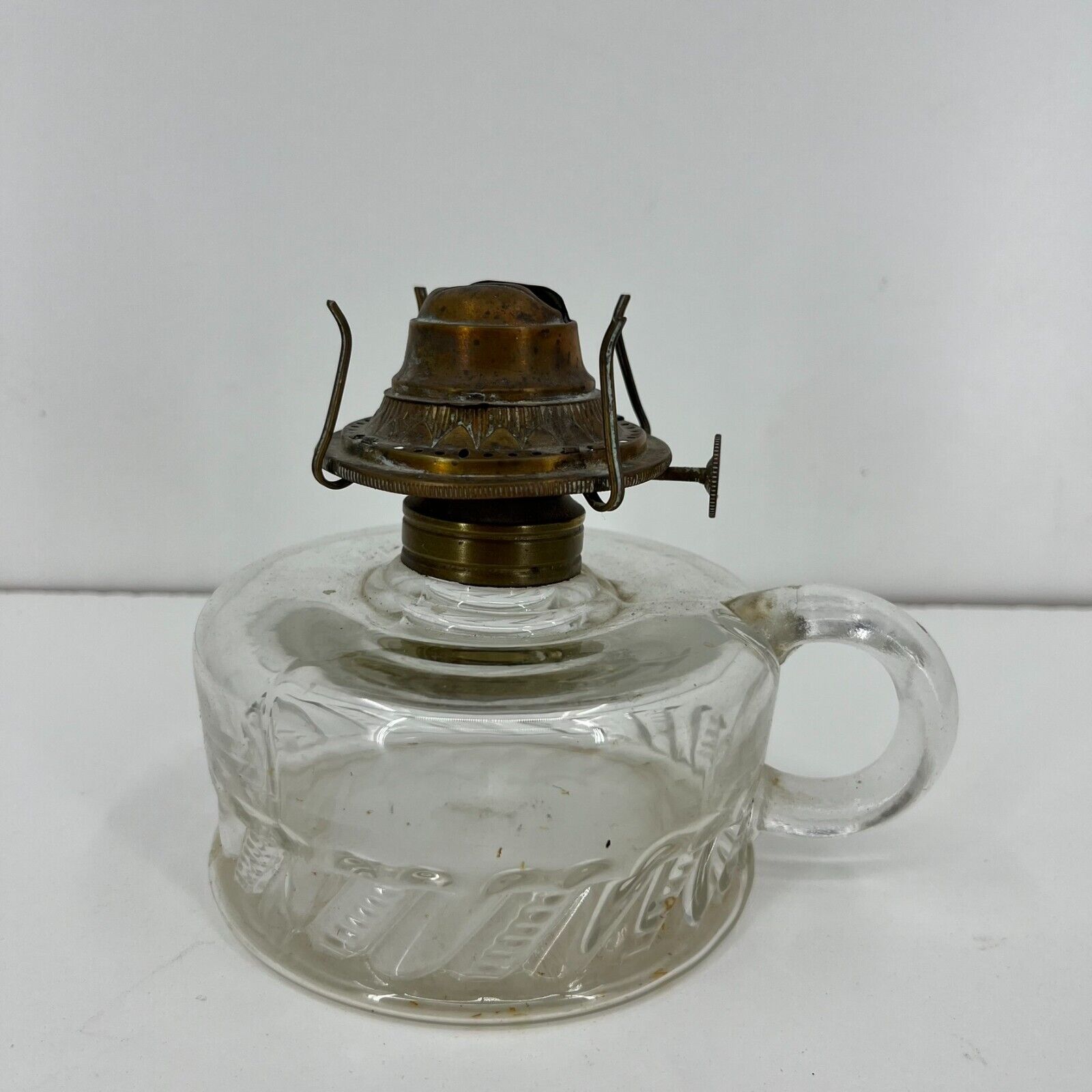 Antique 19th C Finger Oil Lamp w/ Waterbury Conn Bannere Burner