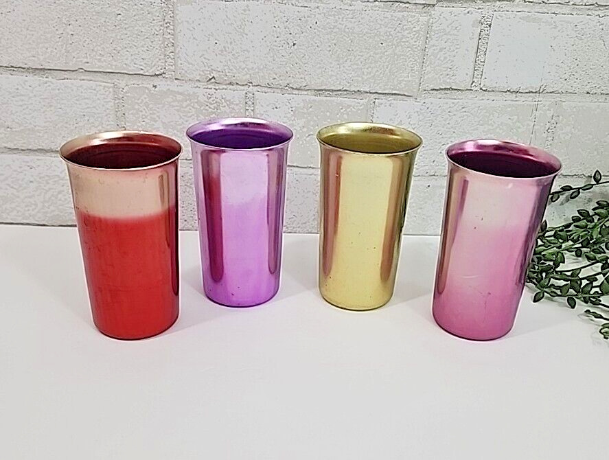 VTG 1950\'s Set Of 4 Sunburst Anodized Aluminum Ware Tumbler Rainbow Cups
