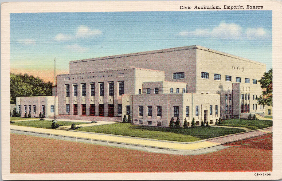 Emporia KS Civic Auditorium Unused Curteich Linen Postcard G75