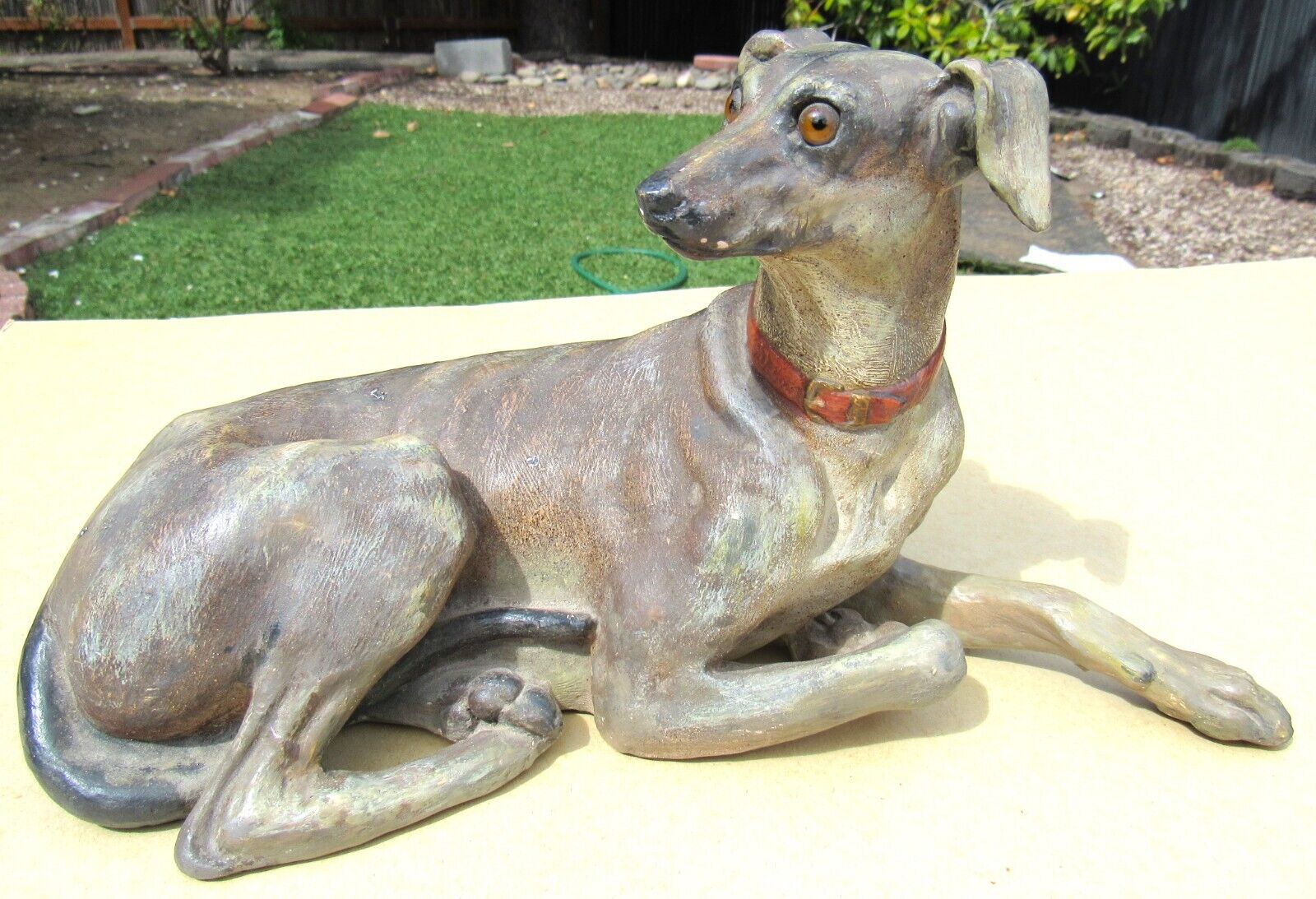 LARGE Antique Greyhound Terracotta  Sculpture Austrian Glass Eyes 19th Century