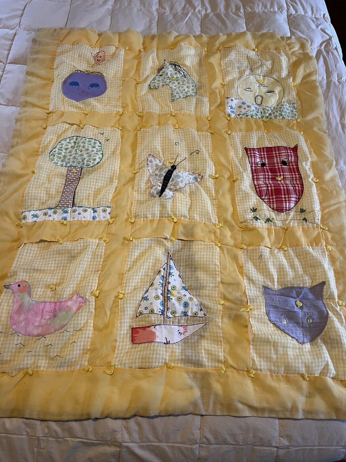 Vintage Quilt Handmade Embroidery Baby Blanket Yellow Gingham Animals Owl 60s MC