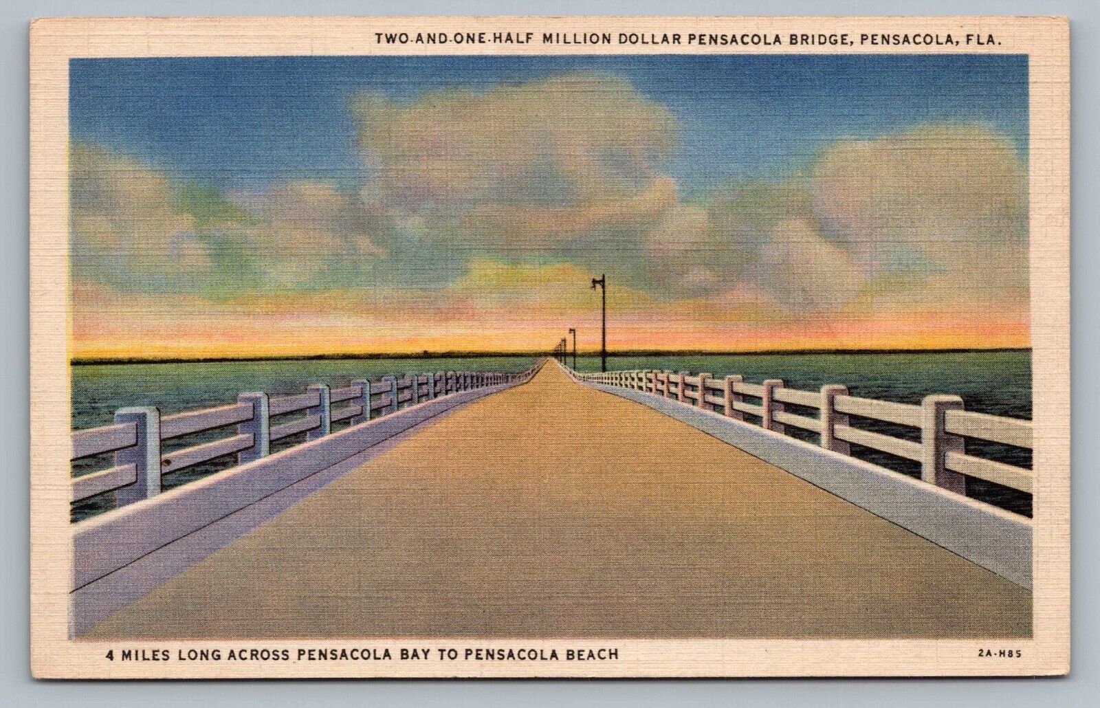 Pensacola FL Bridge 4 Miles Pensacola Bay To Beach Florida Postcard Vintage G9