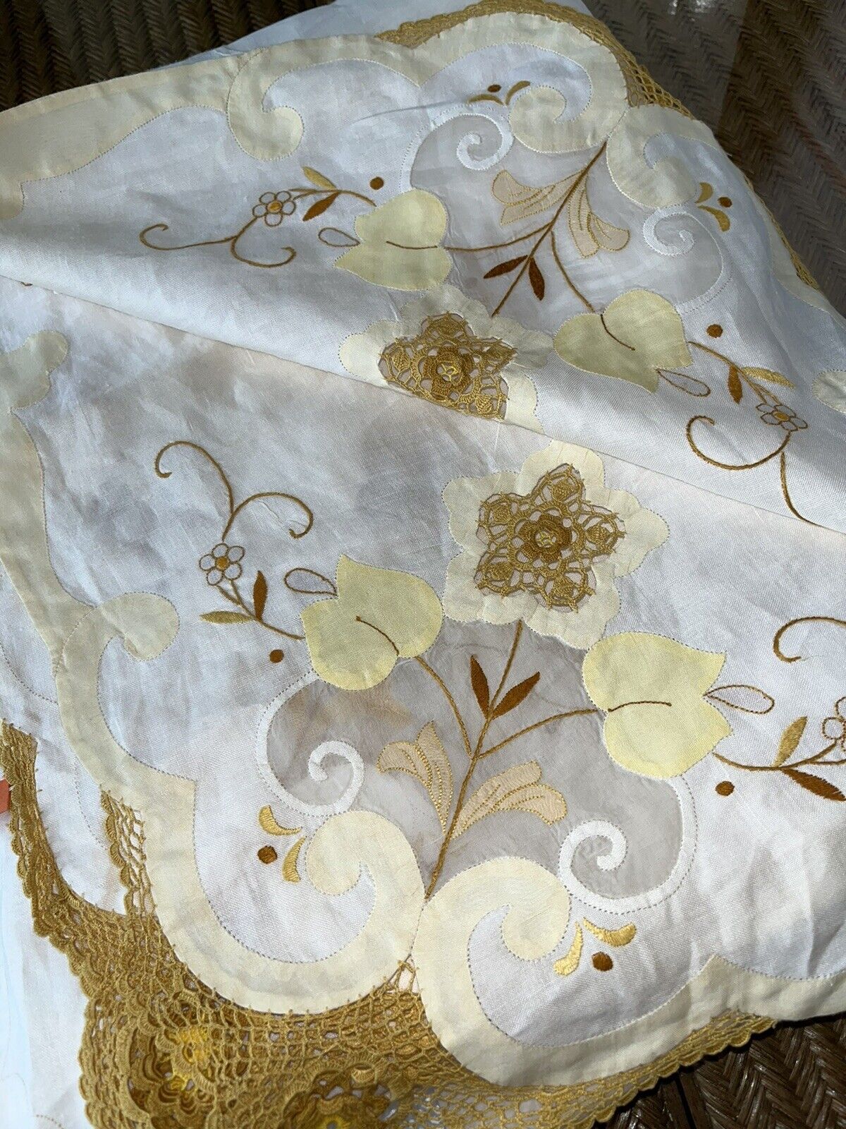Vintage Organdy Linen Appliqué Crochet Tablecloth Yellow Gold 100” X 64”