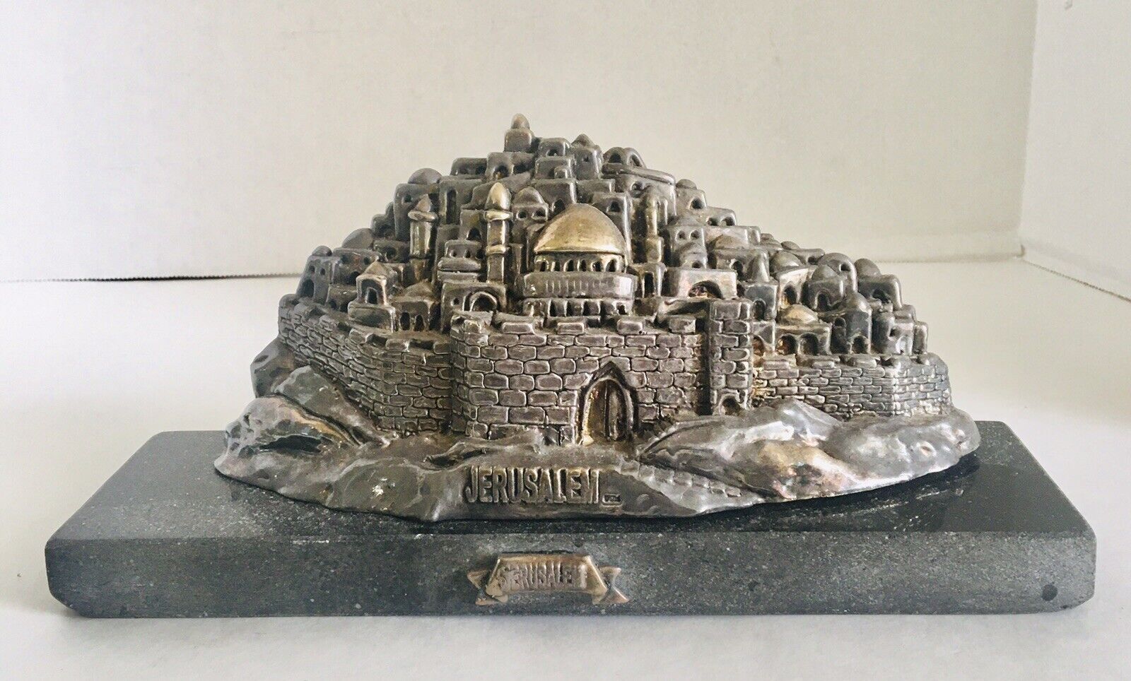 Jerusalem Old City Silver and Gold Plate Sculpture on Black Marble  9.5\