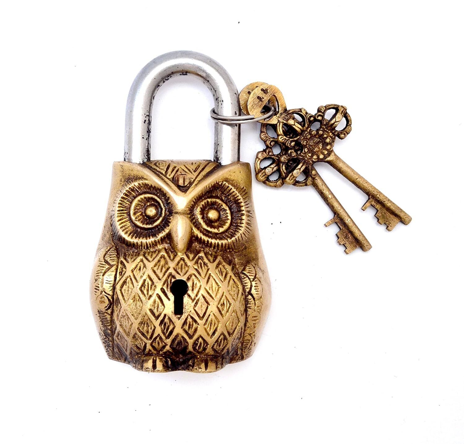 Handmade Golden owl Design Functional Brass Lock with 2 Keys Vastu Collectible
