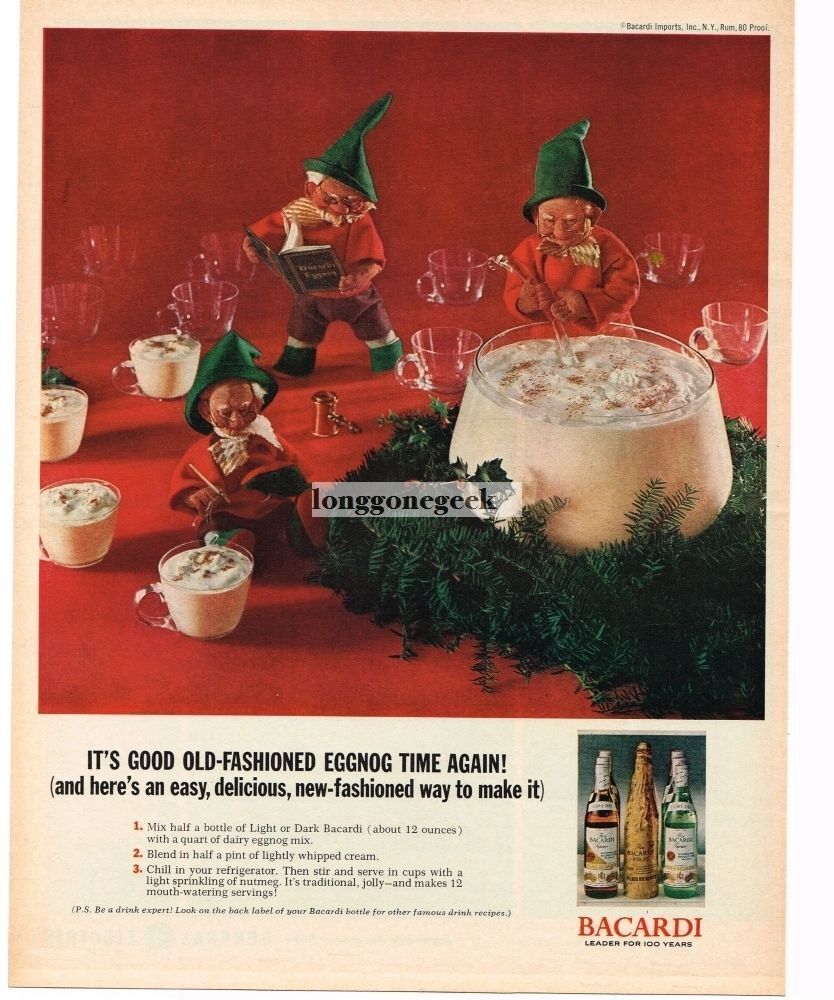 1962 BACARDI Rum Christmas Elves Making Egg Nog Vintage Ad with recipe