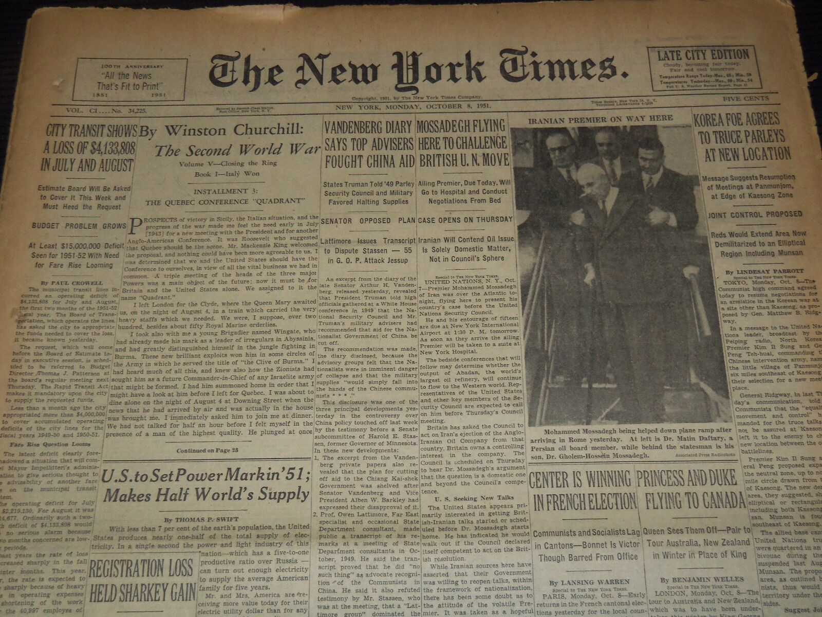 1951 OCTOBER 8 NEW YORK TIMES - WINSTON CHURCHILL SECOND WORLD WAR - NT 9468