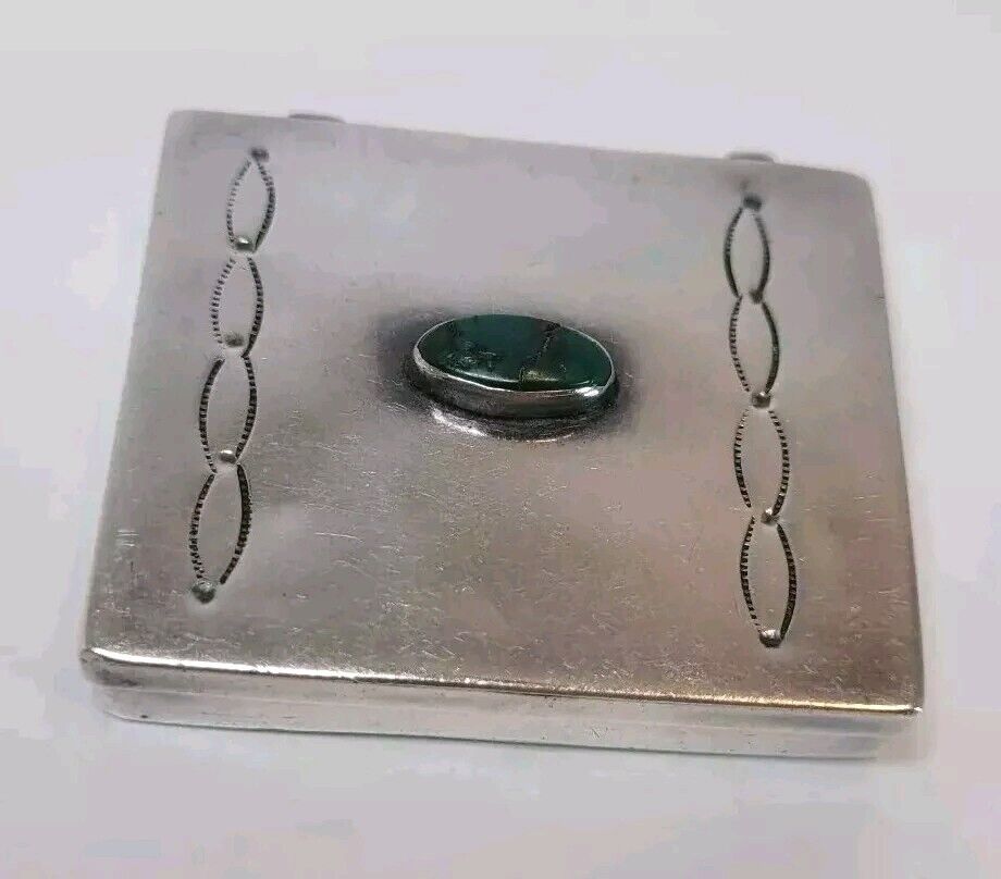 Vtg Navajo Silver & Turquoise Pill Box Native American Stamped Design READ