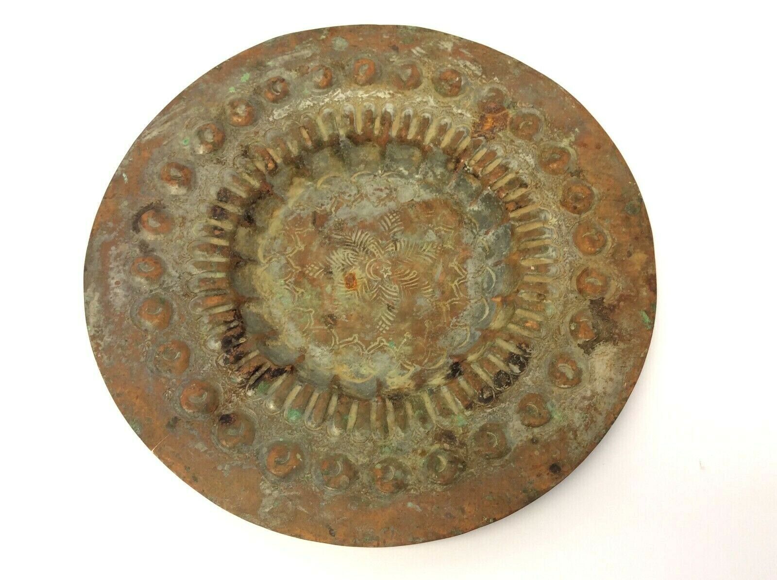 Copper Metal Inscribed Crescent Moon Star Platter Plate Hand Hammered 