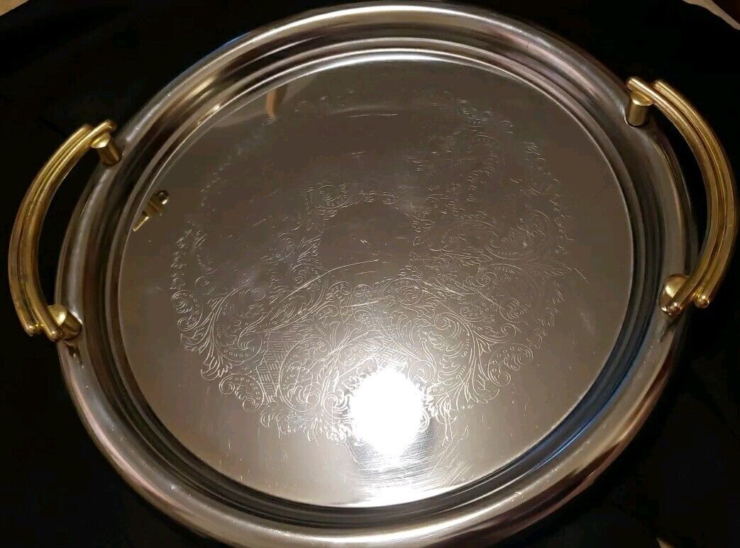 Vintage Dura-ware Co. Of America Silver Serving Tray With Gold  Handles Etched 