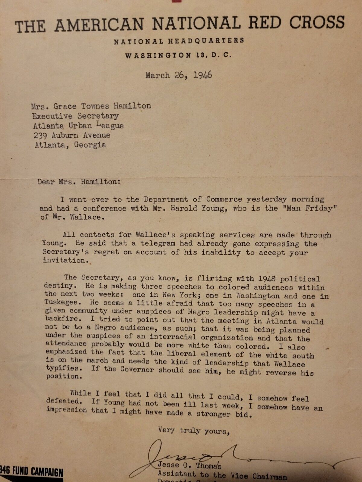 Super RARE 1946 American National Red Cross Jesse Thomas Signed Letter 