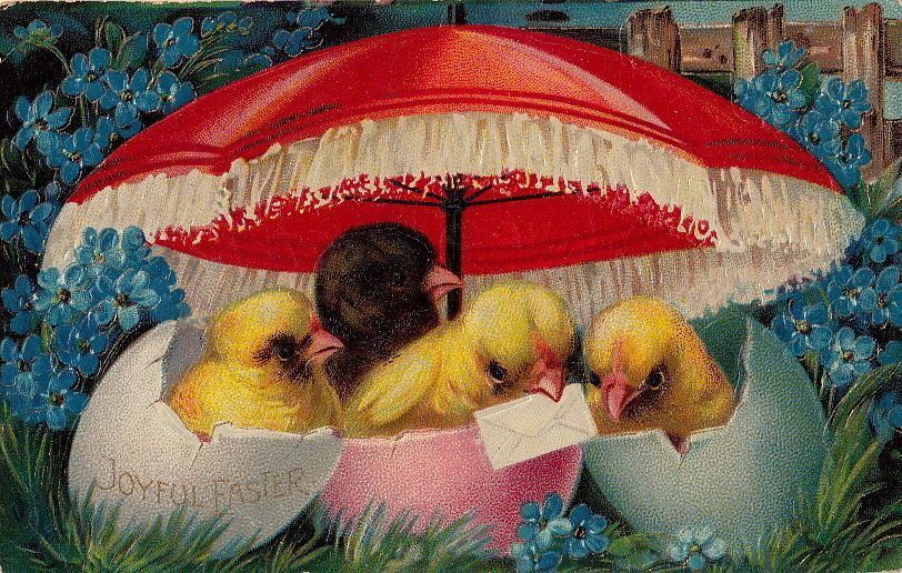 Postcard Joyful Easter Chicks in Eggs Under Red Umbrella 